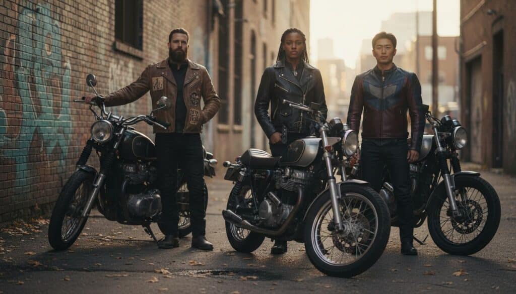 Group of bikers wearing classic jackets