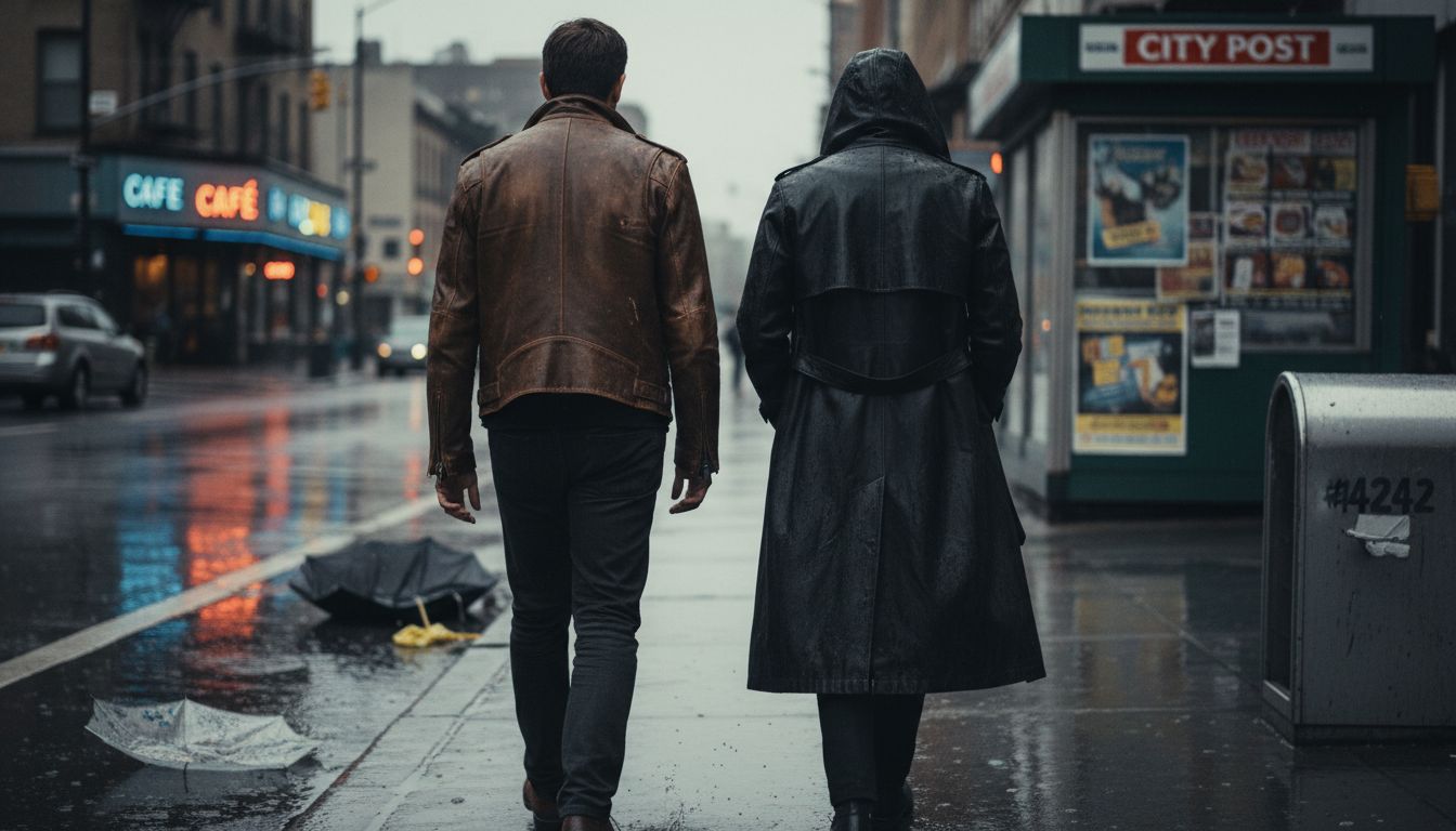 People wearing leather coats on rainy city street