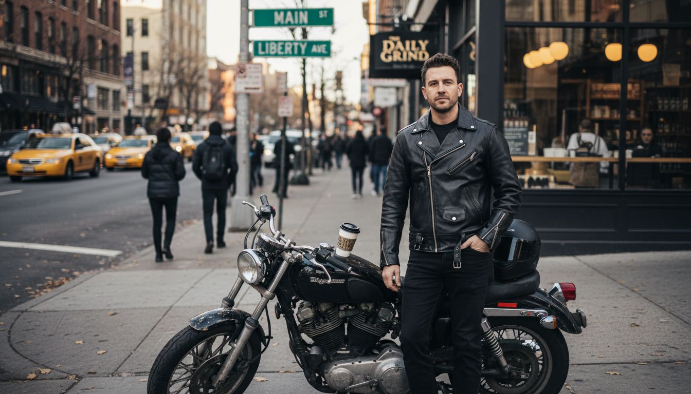 Man in leather biker jacket on city street
