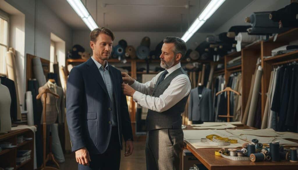 Tailor fitting bespoke jacket in tailoring studio