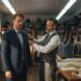 Tailor fitting bespoke jacket in tailoring studio