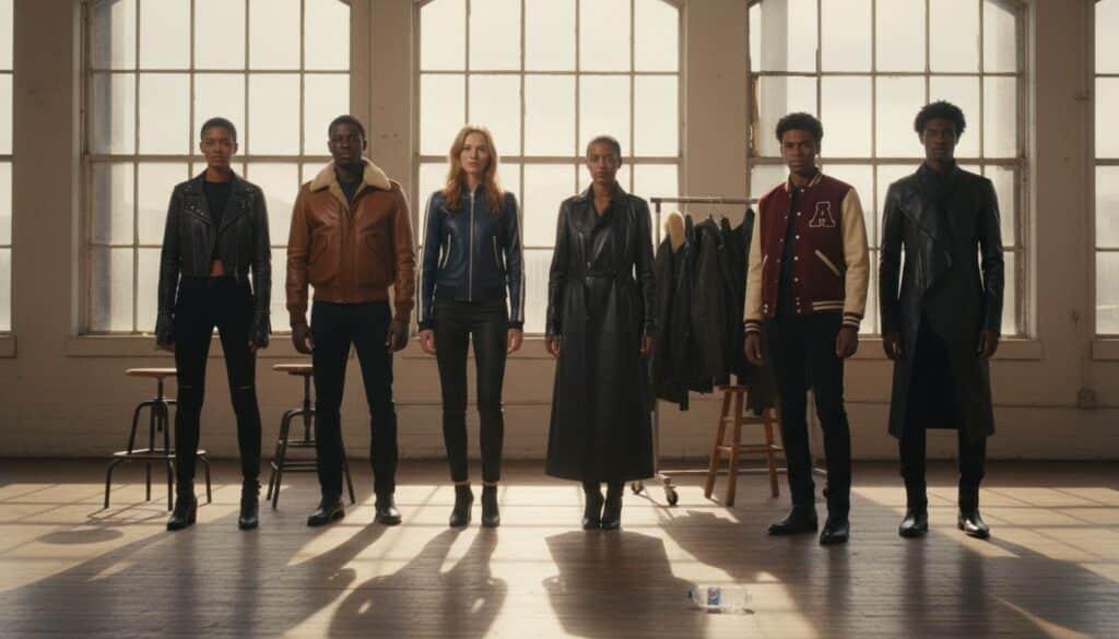 Seven people modeling different leather jacket styles