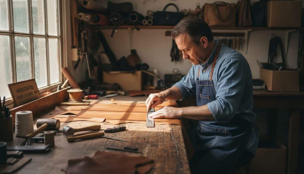 Leather craftsman at workbench preparing hide