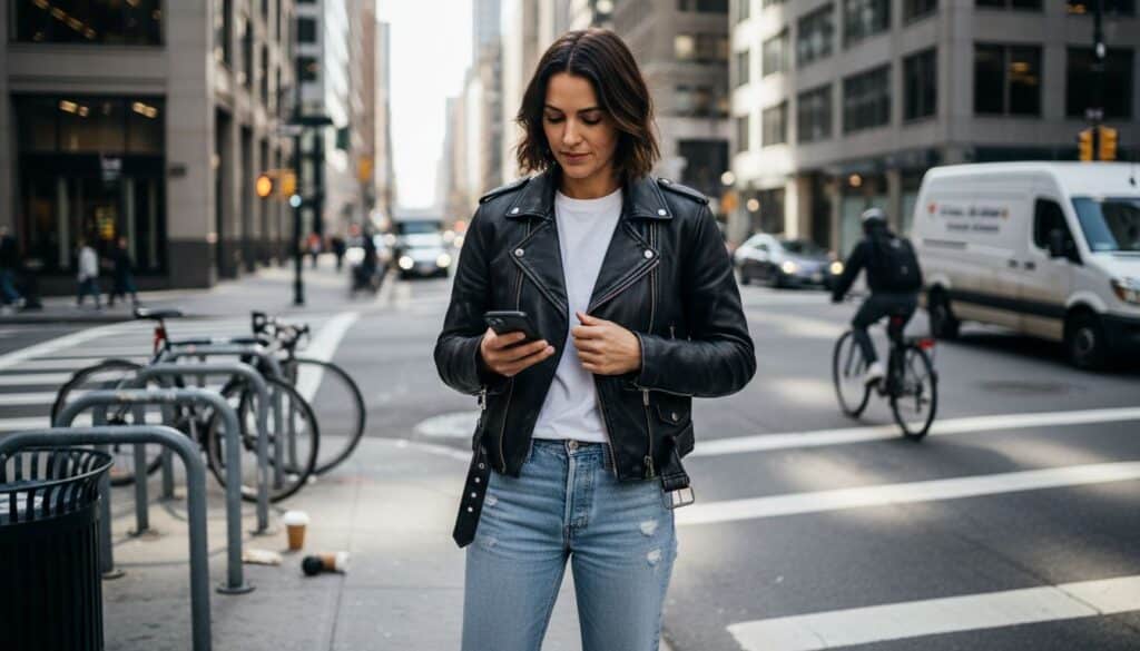 Woman styling biker jacket in city street