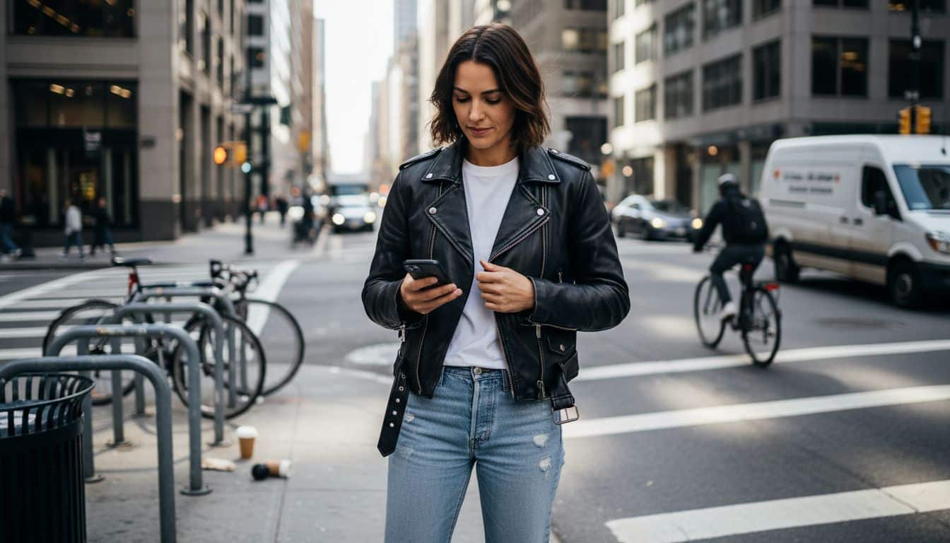 Woman styling biker jacket in city street