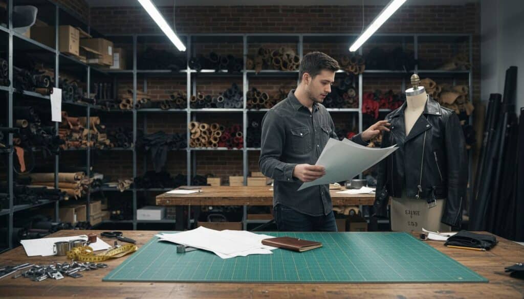 Designer at work in leather jacket studio