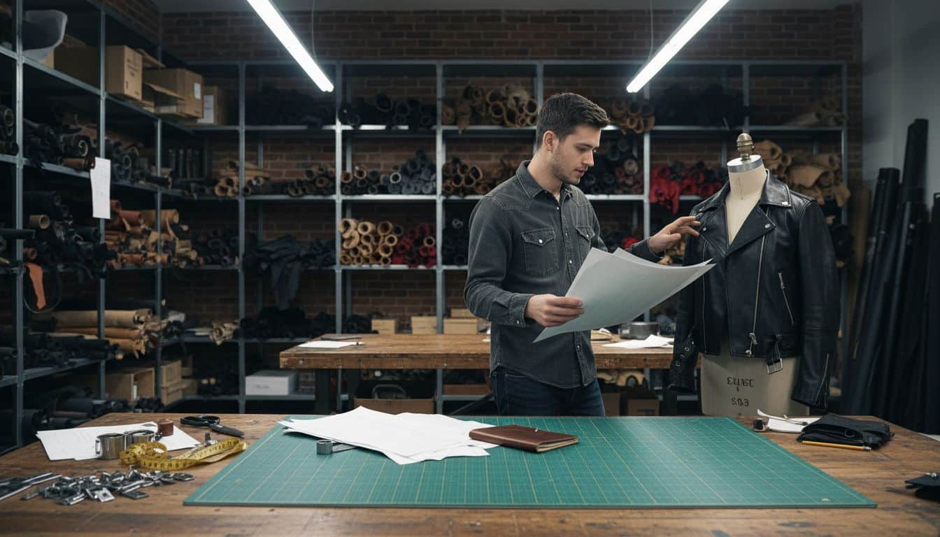 Designer at work in leather jacket studio
