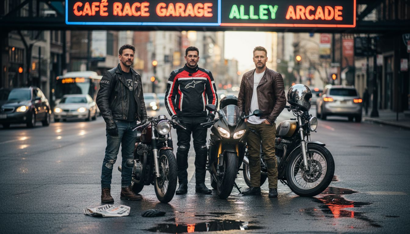 Motorcycle riders modeling jacket styles on city street
