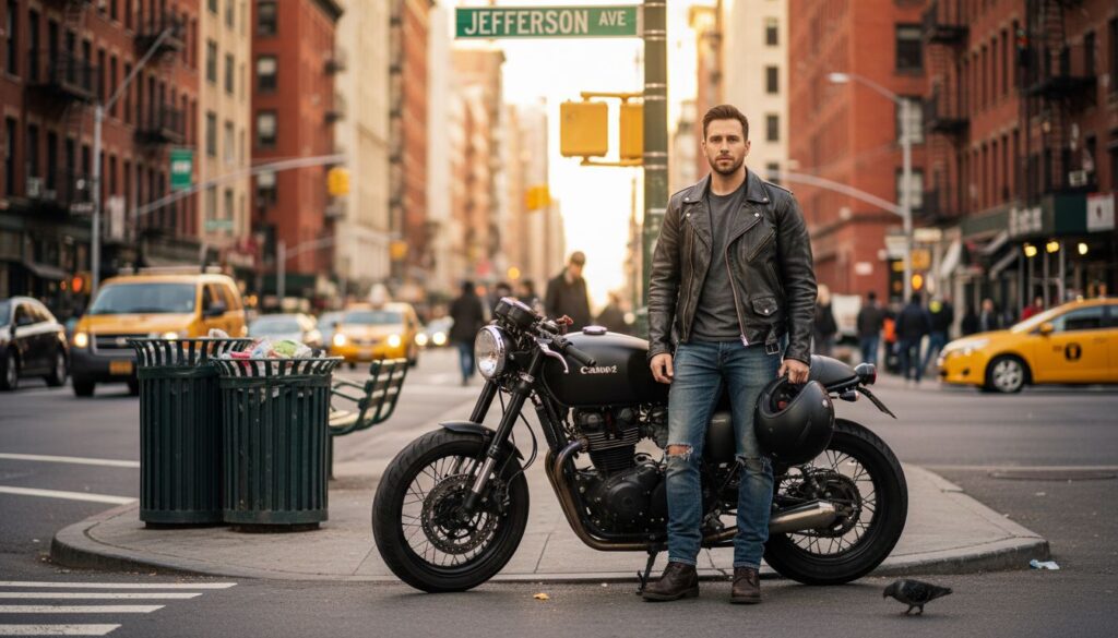 Man in biker jacket by motorcycle city street