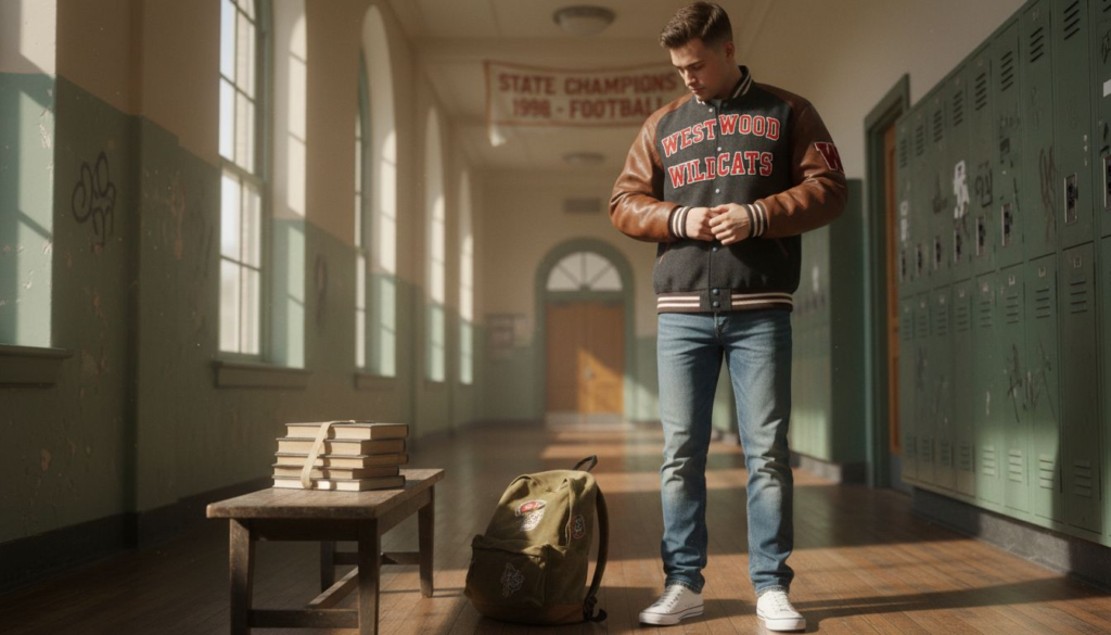Student inspecting varsity jacket wool and leather