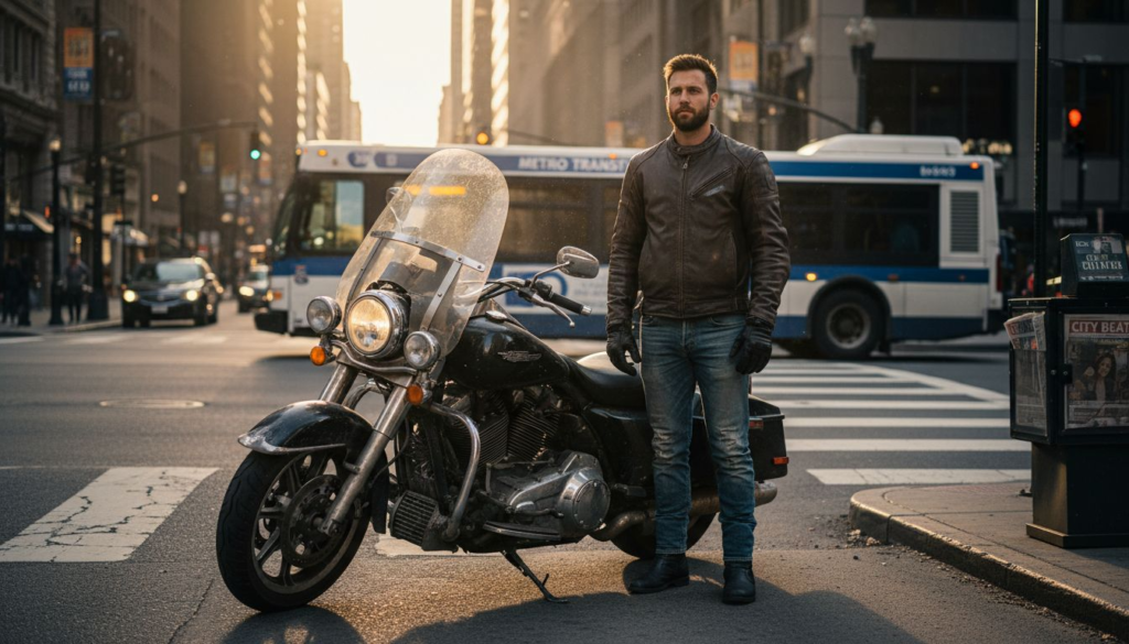 Motorcyclist in leather jacket on city street
