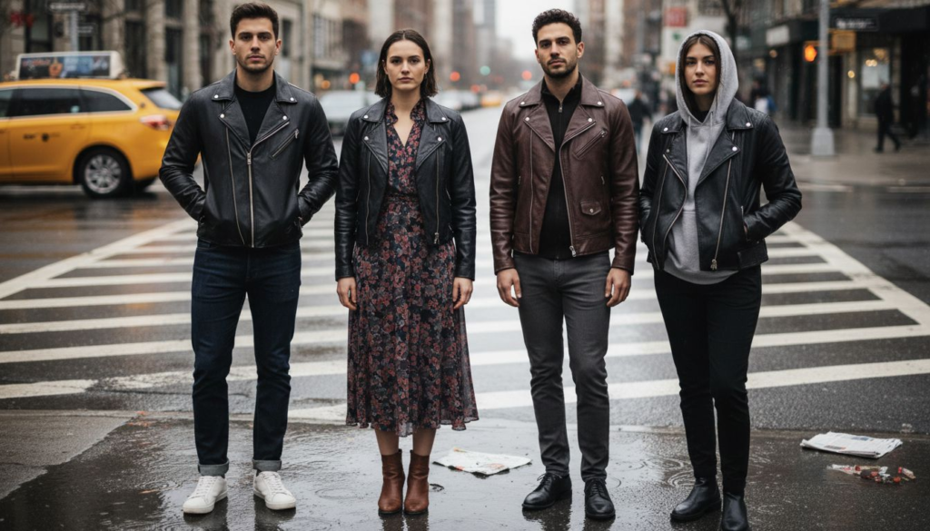 Four people show varied leather jacket outfits
