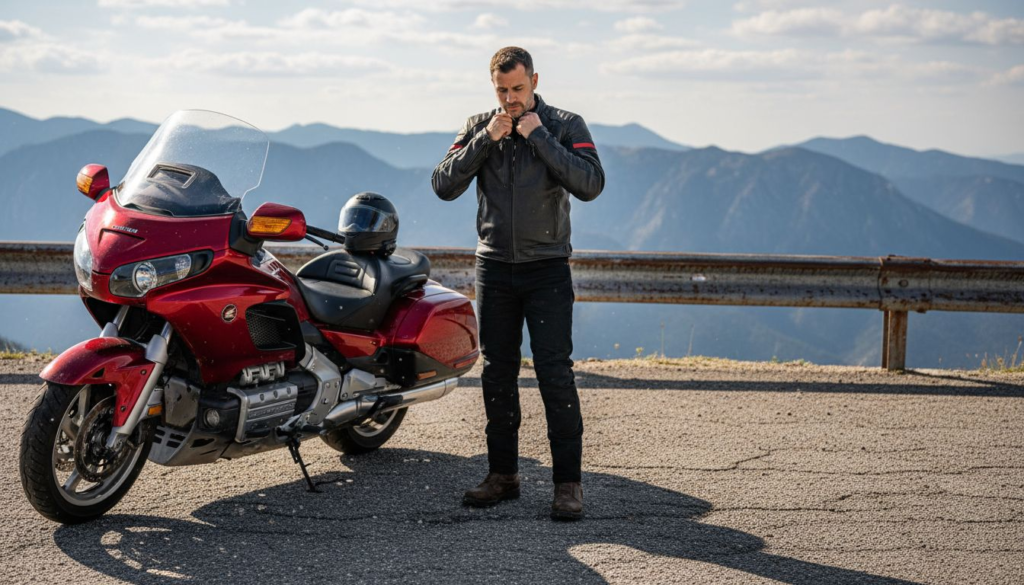 Motorcyclist adjusts protective jacket at scenic overlook