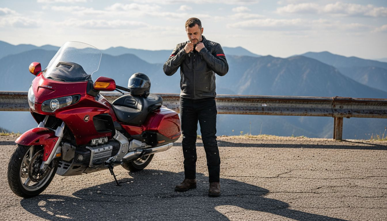 Motorcyclist adjusts protective jacket at scenic overlook
