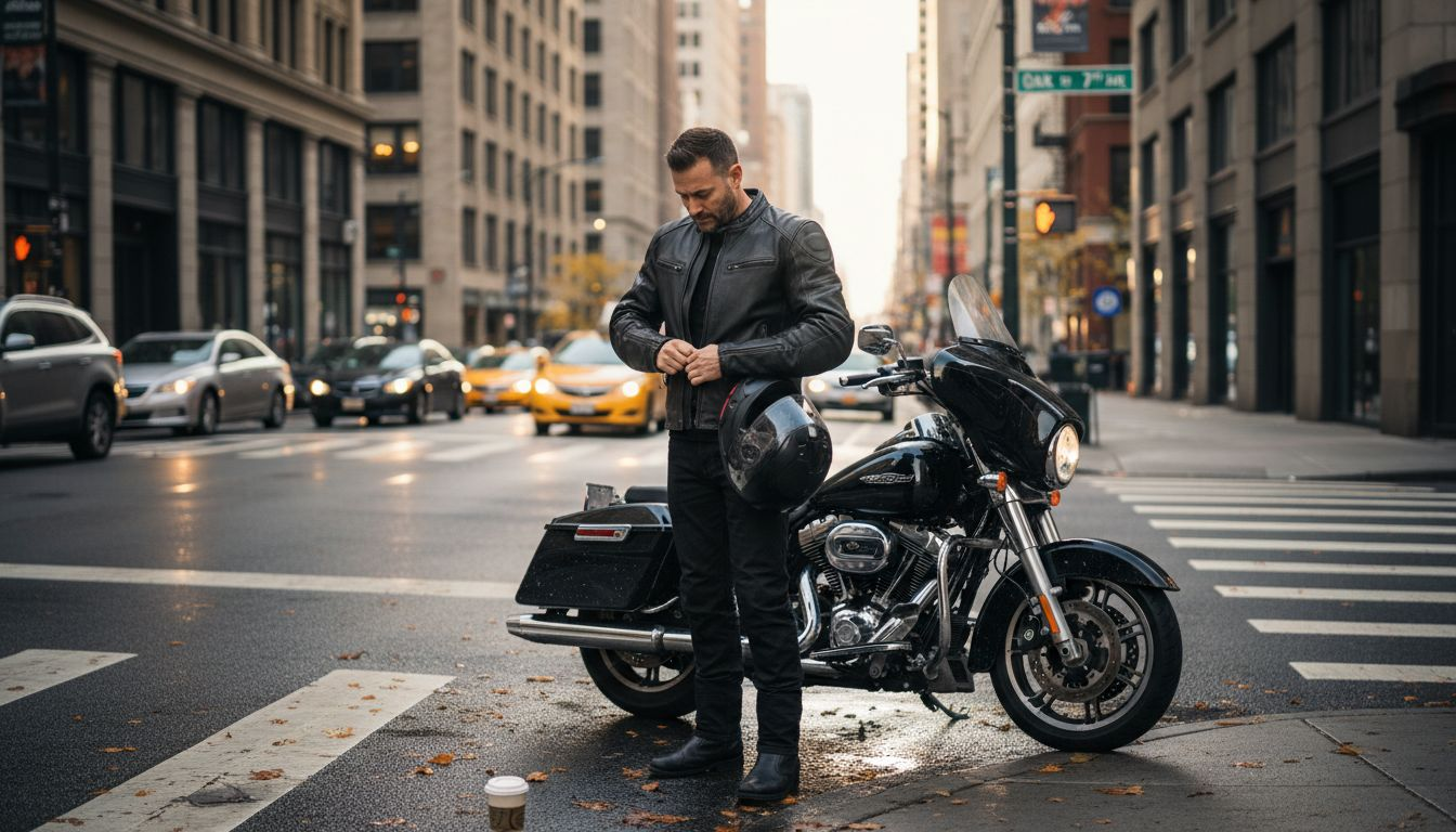 Rider in leather jacket on city street