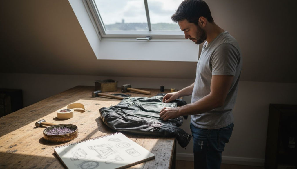 Man assessing leather jacket in workshop