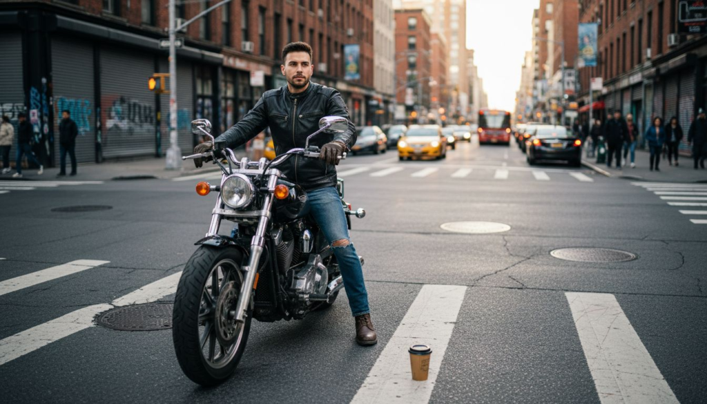 Motorcyclist wearing leather jacket city street