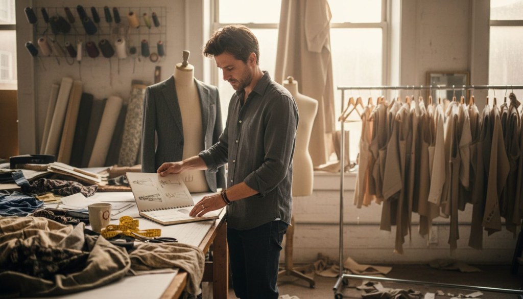Designer planning bespoke jacket in fashion studio