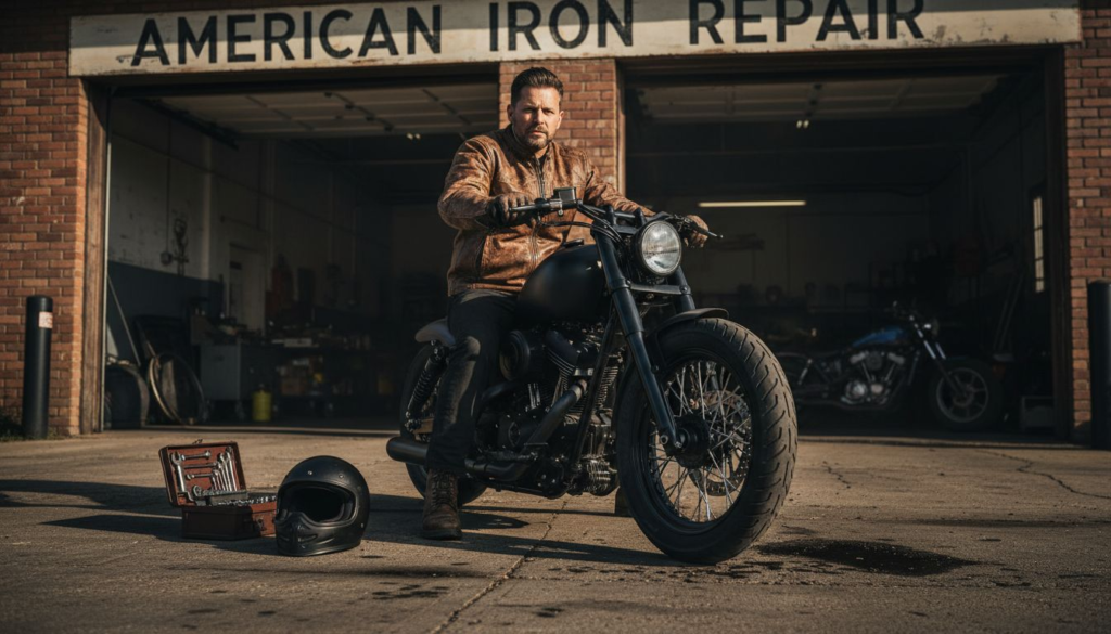 Rider in distressed leather jacket outside garage