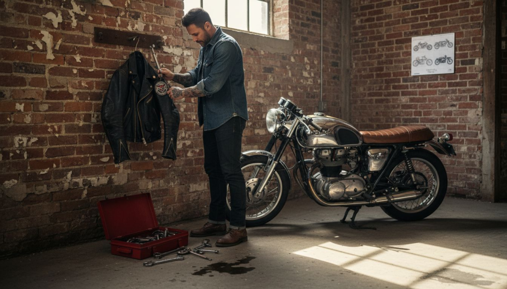 Rider customizing leather motorcycle jacket