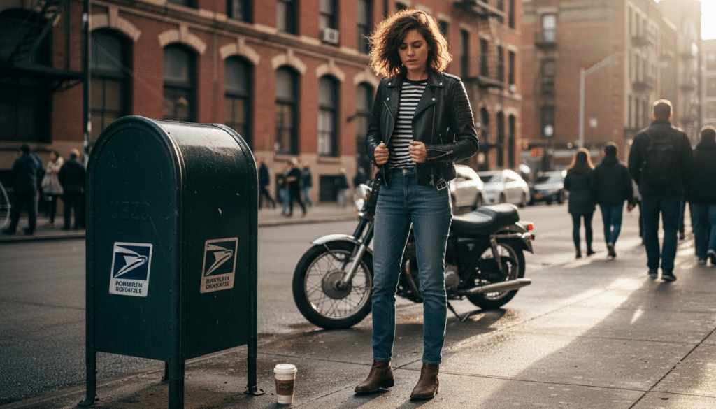 Woman zipping moto jacket on city sidewalk