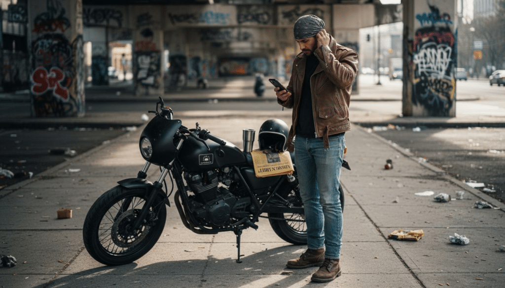 Biker adjusting bandana beside motorcycle in city