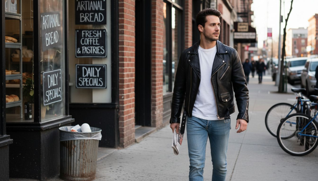 Man in classic leather jacket walking city street