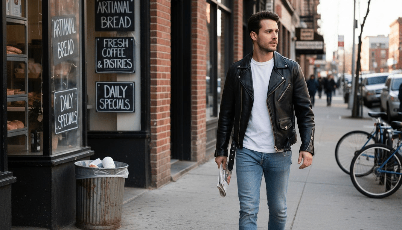 Man in classic leather jacket walking city street