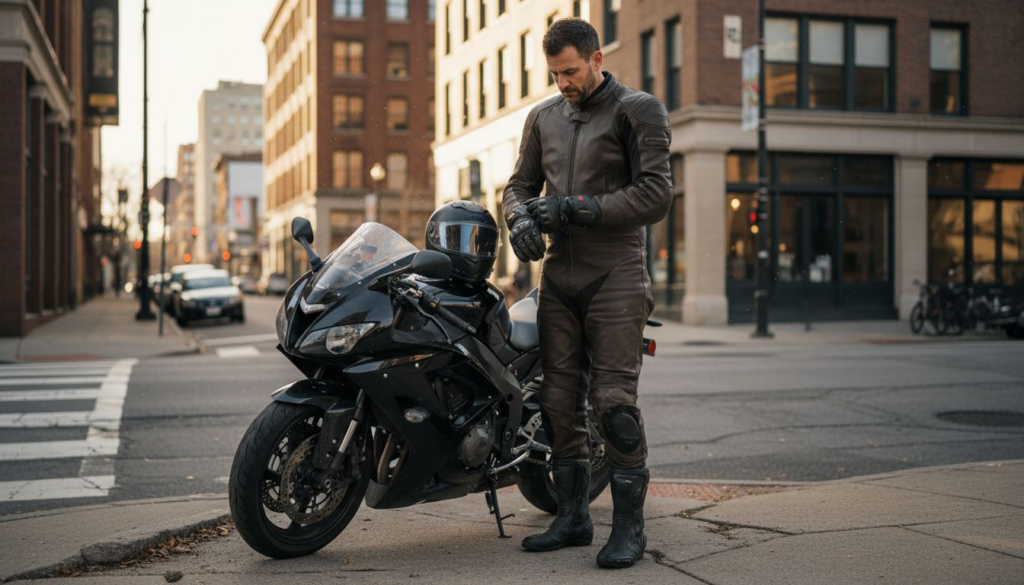Motorcycle rider adjusting gloves on city street