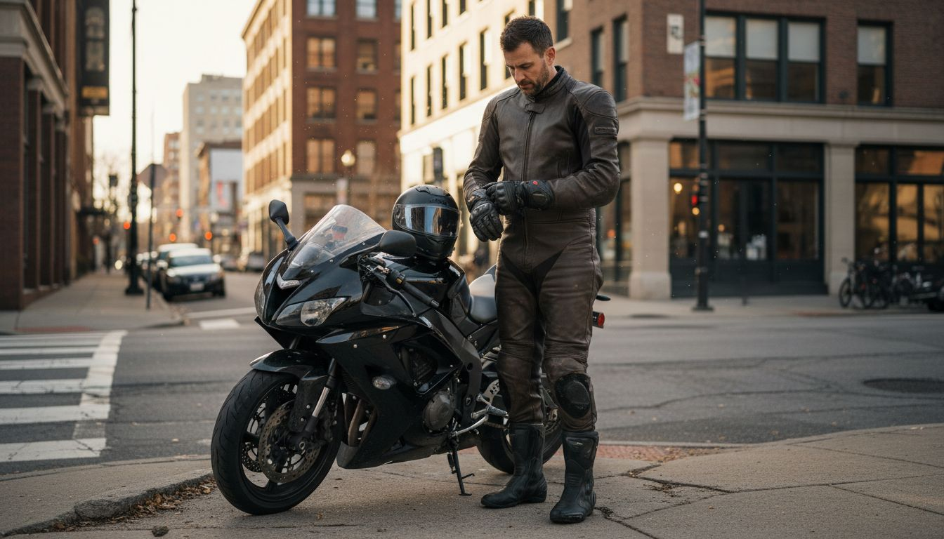 Motorcycle rider adjusting gloves on city street