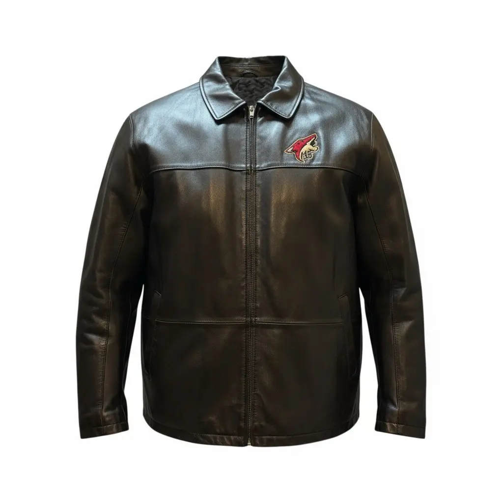Arizona-Coyotes-Logo-Black-Leather-Jacket-1 Arizona Coyotes Logo Black Leather Jacket front view with team logo on left chest