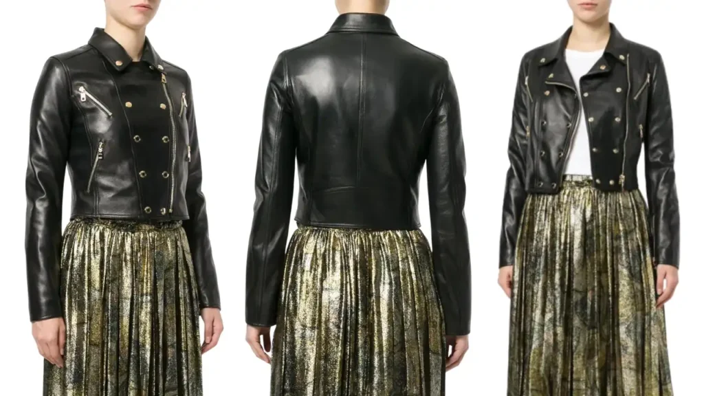 Golden Zipper Biker Style Black Leather Jacket