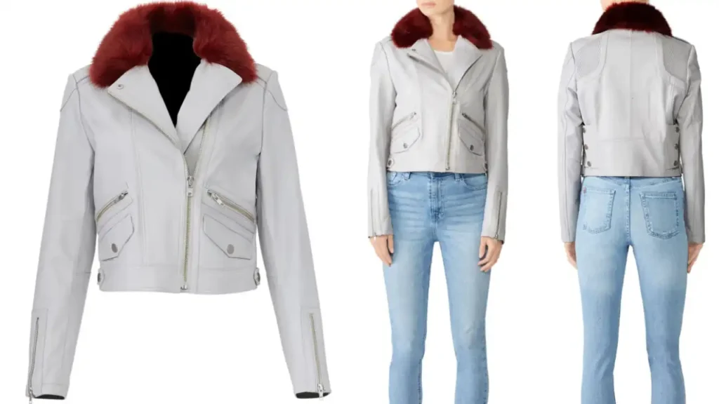 Grey Leather Fur Collar Biker Jacket 