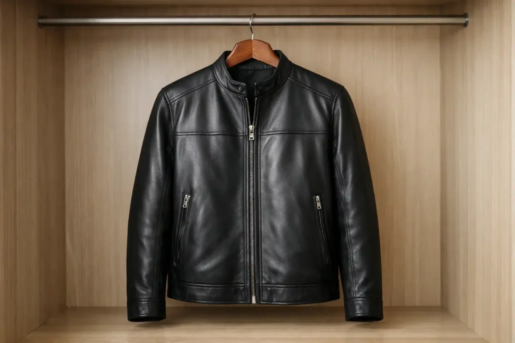 A Black Jacket Hanged Properly on the Wardrobe