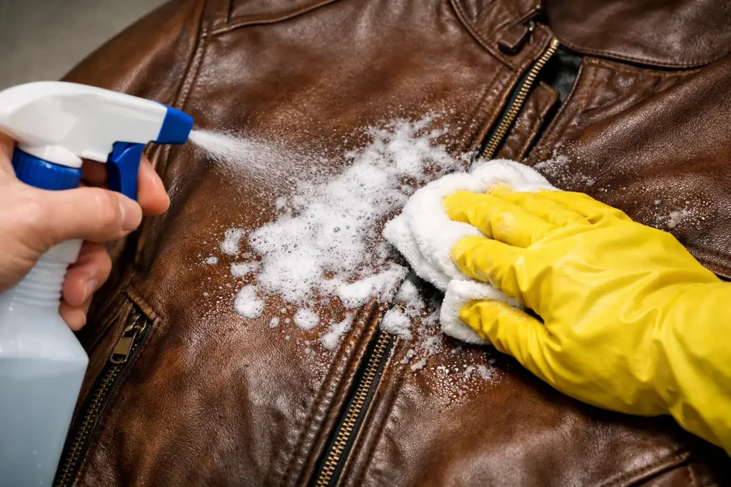 a person cleaning a brown leather jacket. They are spraying a cleaner onto the jacket