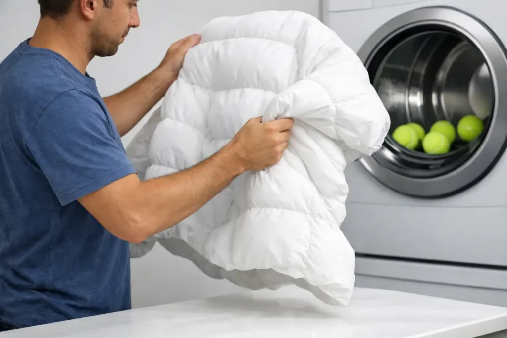 a man gently shaking a puffer jacket