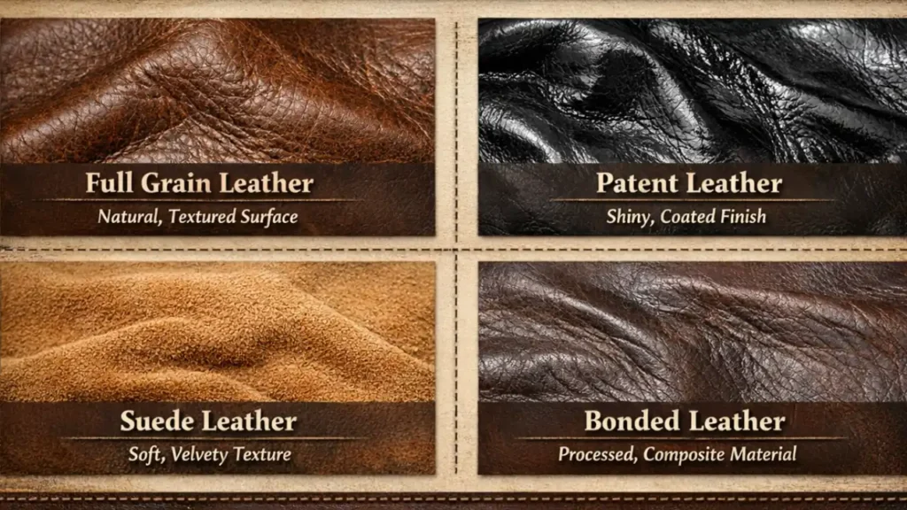 Comparison of full grain, patent, suede, and bonded leather textures.