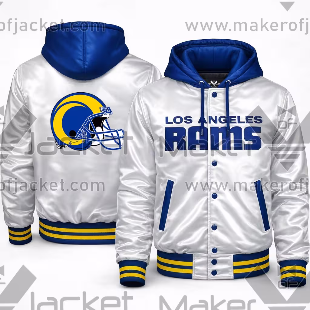 Los-Angeles-Rams-Hooded-White-Satin-Jacket LOS ANGELES RAMS text on the front, and helmet logo on the back.