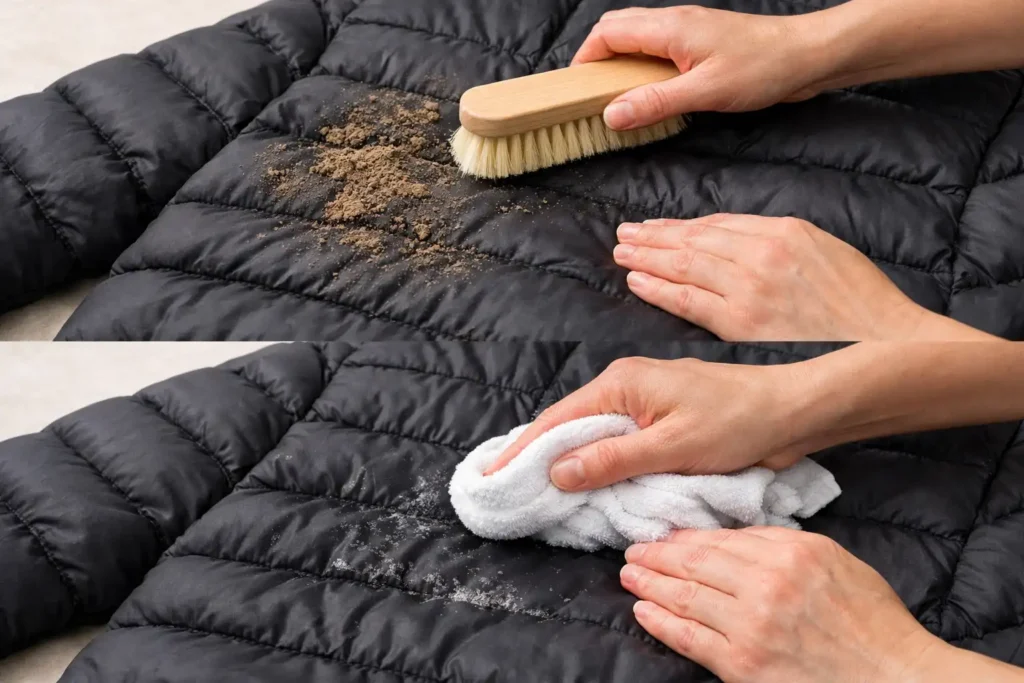 Brushing off dirt and wiping the jacket with a cloth for cleaning.