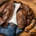 Brown leather jacket, white shirt, jeans, and tan boots on wooden floor.