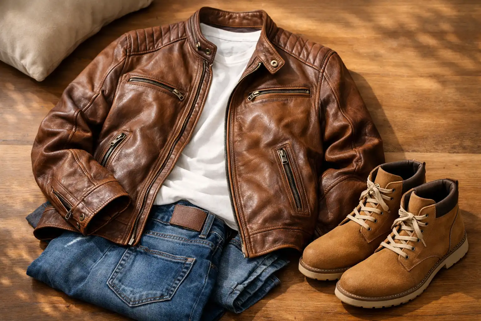 Brown leather jacket, white shirt, jeans, and tan boots on wooden floor.
