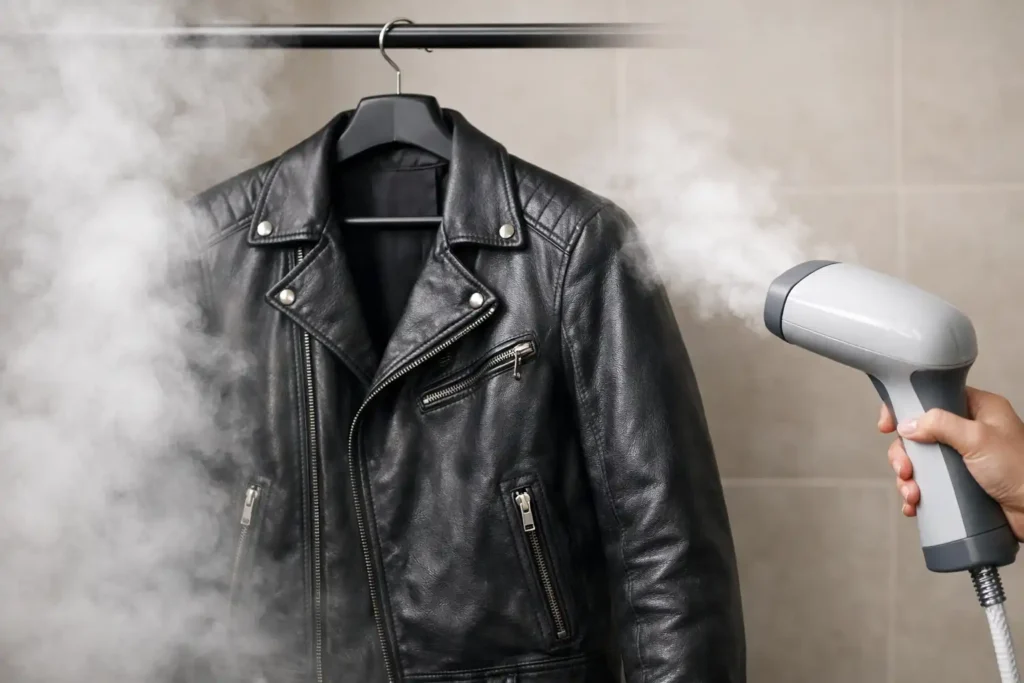 Steaming a leather jacket to gently remove wrinkles safely.