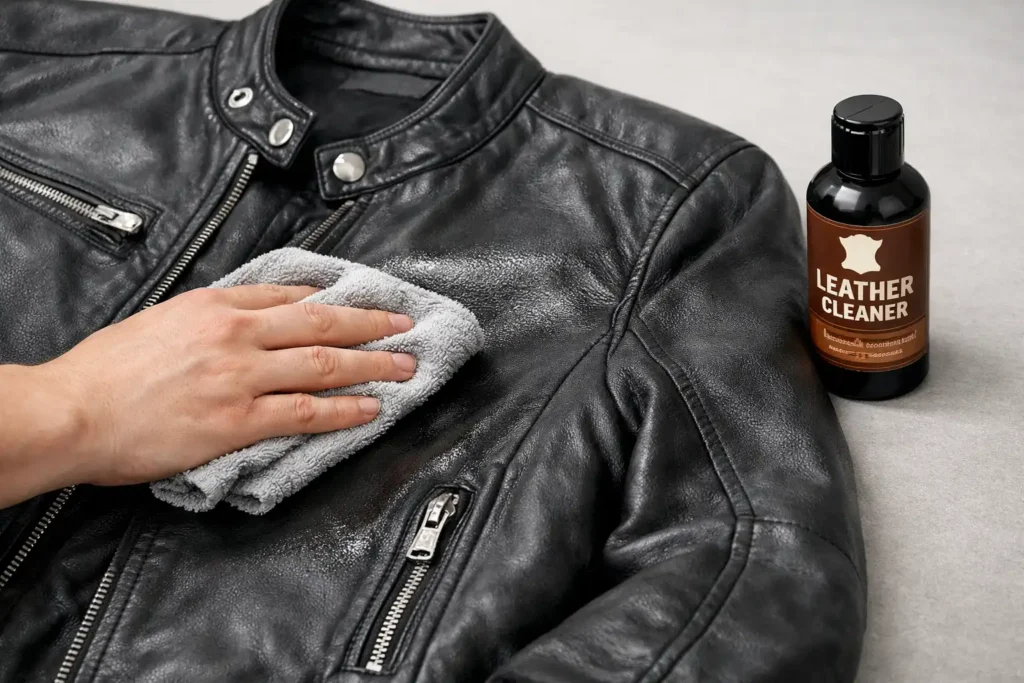 a preson cleaning a real leather jacket with microfiber cloth and cleaner.