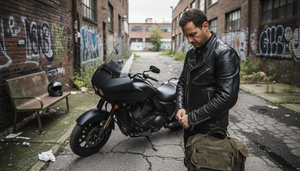 Rider wearing black leather jacket by motorcycle