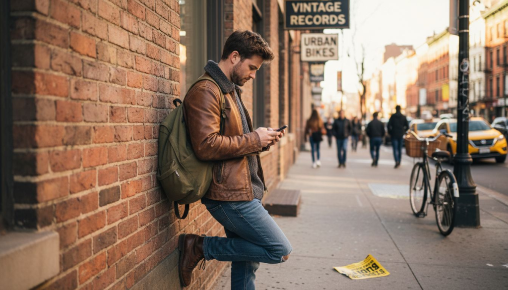 Man in leather jacket on city street