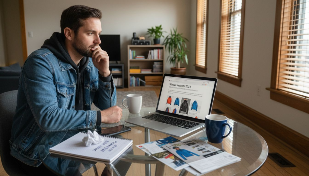 Man checks jacket reviews at home on laptop