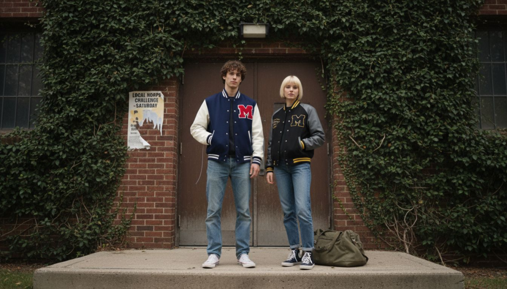 Friends wearing varsity jackets outside brick gym