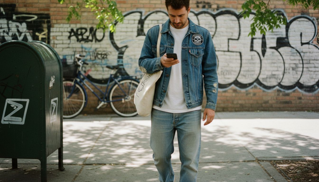 Man in vintage denim jacket on city sidewalk
