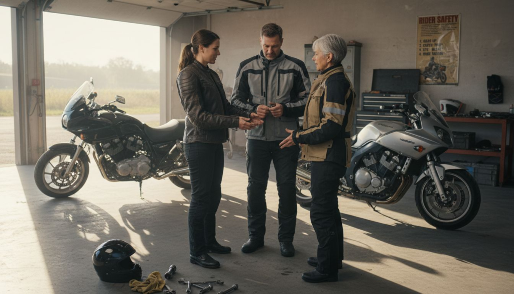 Motorcycle riders comparing different jacket styles
