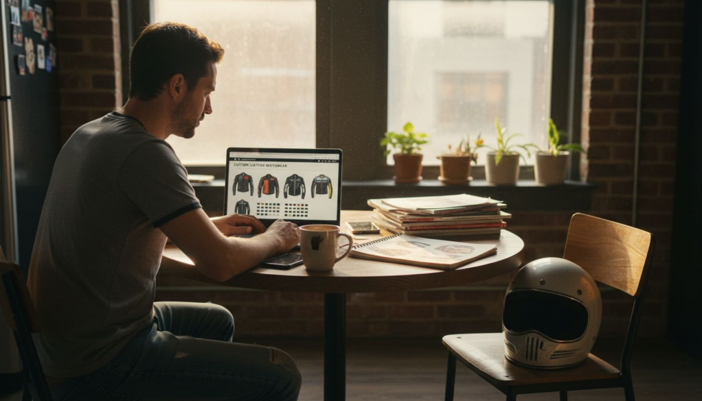 Man browsing bespoke jacket website at table